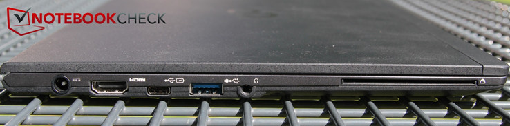 Côté gauche : entrée secteur, HDMI, USB 3.1 de type C (permet la charge), USB 3.0 de type A (charge en permanence), jack microphone / écouteurs.