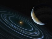 Une illustration d'artiste représentant une planète bleue et deux étoiles.