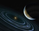Une illustration d'artiste représentant une planète bleue et deux étoiles.