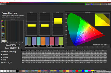 précision des couleurs (espace colorimétrique cible : P3 ; profil : vif, chaud)