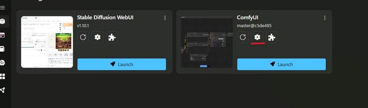 Capture d'écran du concentrateur de paquets de Stability Matrix avec les paramètres surlignés en rouge sur la tuile ComfyUI. (Source de l'image : Windows Screen Capture)