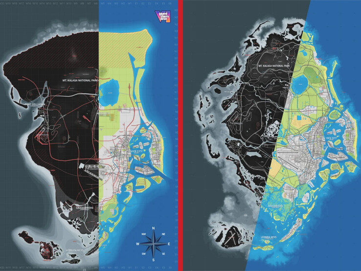 Comparaison entre la version 15 (à gauche) et la version 16 (à droite) de la carte communautaire de Grand Theft Auto VI.