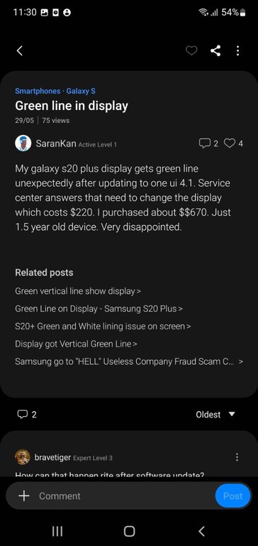 Des utilisateurs se plaignent des problèmes d'affichage du Galaxy S20 Plus sur les membres de Samsung (image via propre)