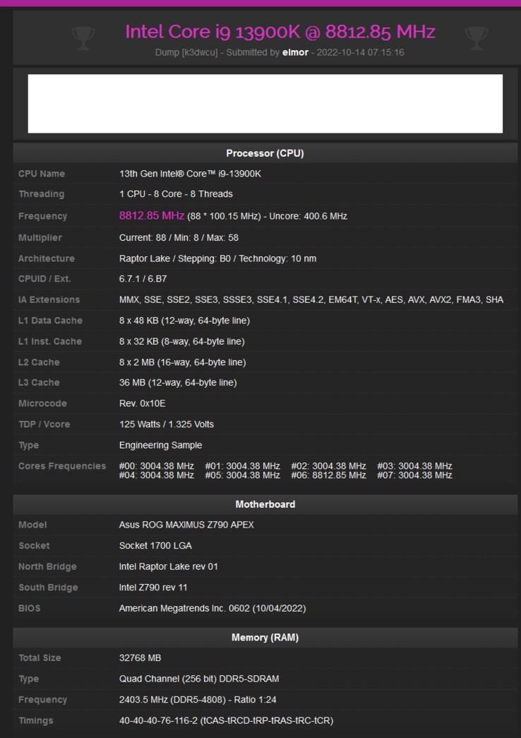 Intel Core i9-13900K atteint 8,8 GHz (image via HWbot)