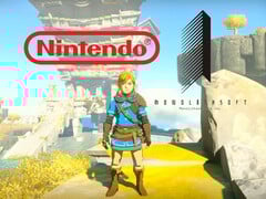 Link dans le jeu Zelda sous les logos Nintendo et Monolith Soft (Source de l'image : Nintendo, Monolith Soft avec modifications)
