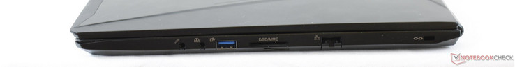 Côté droit: entrée microphone 3,5 mm, sortie casque 3,5 mm, USB 3.0, lecteur de carte SDXC, mini SIM, Gigabit RJ-45, slot de verrouillage Kensington