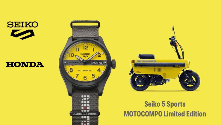 Infographie présentant la Seiko 5 Sports Field x Honda Motocompo aux côtés du scooter Motocompo.