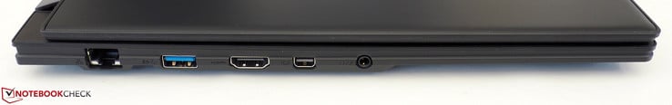 Côté gauche : RJ45-LAN, USB A 3.1 Gen2, HDMI 2.0, mini DisplayPort 1.4, jack audio 3,5 mm.
