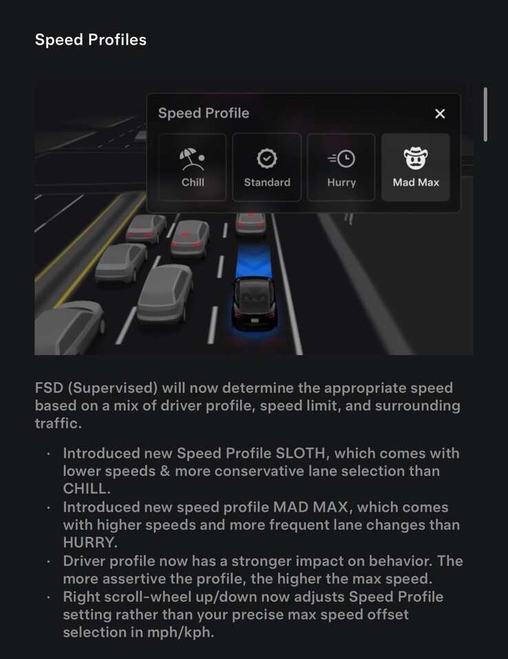 Changelog de la dernière mise à jour FSD 14.1.2 avec le profil de conduite Mad Max. (Source de l'image : Tesla)