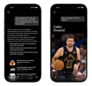 La vue de la conversation devrait être accessible en glissant vers le bas à partir d'un résultat Siri ou dans l'application Siri et comprend des cartes d'information pour des résultats tels que les actualités et les données sur l'appareil (à gauche
