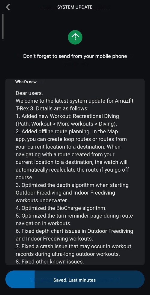 Les notes de mise à jour de la version 4.5.3.3 du logiciel de la smartwatch Amazfit T-Rex 3