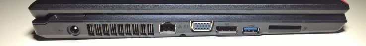 Côté gauche : entrée secteur, port LAN, VGA, sortie DisplayPort, USB, lecteur de carte SD.