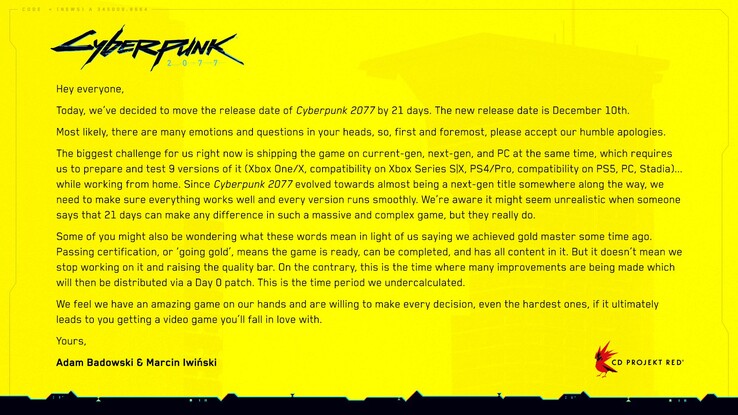 Le Cyberpunk 2077 arrivera encore en 2020, ce qui est un point positif. (Source de l'image : CD Projekt Red)