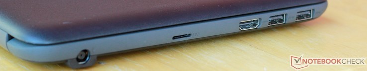 Côté gauche : entrée secteur, micro SD, HDMI, 2 USB 3.0.