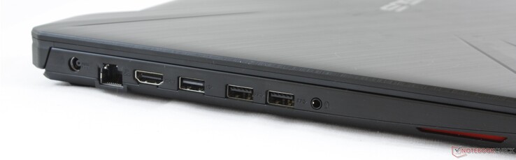 Côté gauche : entrée secteur, Gigabit RJ-45, HDMI 2.0, USB A 2.0, 2 USB A 3.1 Gen. 1, audio 3,5 mm.