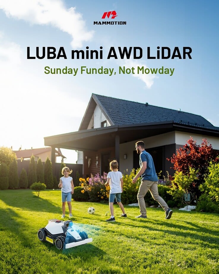 Une affiche de la tondeuse robotisée Luba mini AWD LiDAR de Mammotion diffusée sur les médias sociaux. (Source de l'image : Mammotion)