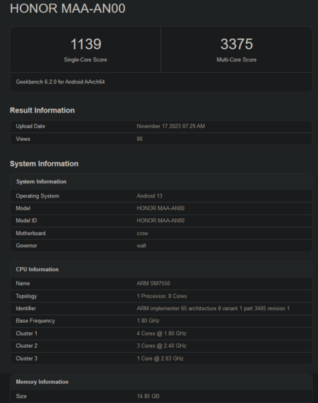 Score Geekbench du Snapdragon 7 Gen 3 (image via Geekbench)