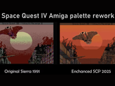 Une capture d'écran comparant les versions originales de Space Quest en Sierra et les versions améliorées de SCP 2025 grâce à un remaniement de la palette (source d'image : annouk33)