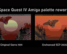 Une capture d'écran comparant les versions originales de Space Quest en Sierra et les versions améliorées de SCP 2025 grâce à un remaniement de la palette (source d'image : annouk33)