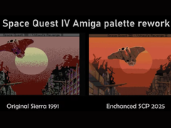 Une capture d'écran comparant les versions originales de Space Quest en Sierra et les versions améliorées de SCP 2025 grâce à un remaniement de la palette (source d'image : annouk33)