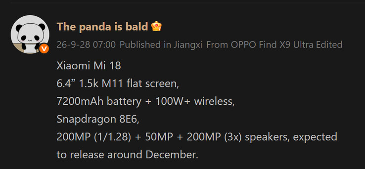 Le rapport de The Panda Is Bald sur le Xiaomi 18 standard (traduit automatiquement)