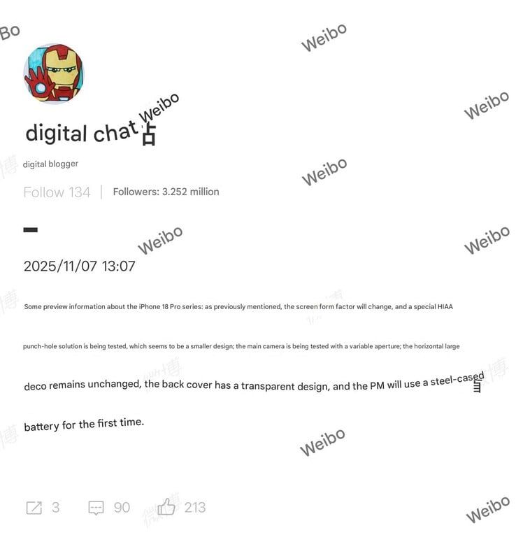 Rumeur sur le matériel de l'IPhone 18 Pro. (Source de l'image : Digital Chat Station)