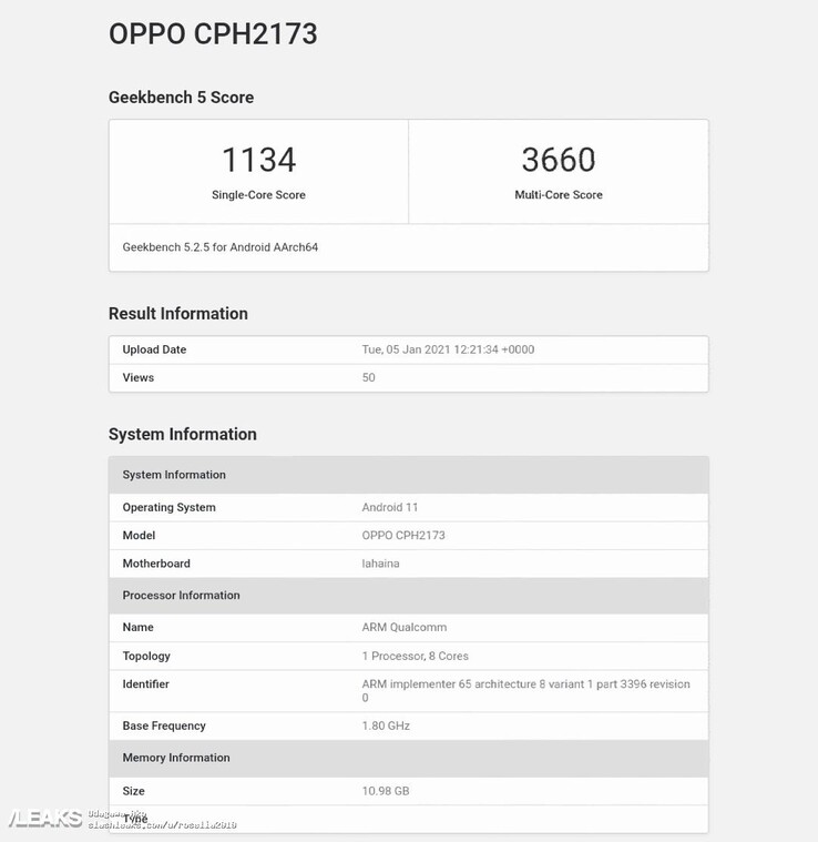 L'OPPO CPH2173 semble également disposer de Android 11 et 12 Go de RAM. (Source : Geekbench via SlashLeaks)