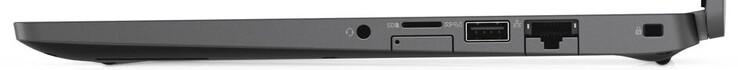 Côté droit : combo écouteurs / micro jack, lecteur de carte micro SD (Au-dessus), emplacement pour carte micro SIM (Au-dessous ), 1 USB A 3.1 Gen 1, Ethernet gigabit, verrou de sécurité Noble.