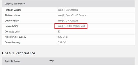 UHD Graphics 750. (Source de l'image : Geekbench)