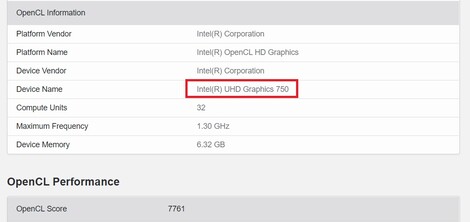 UHD Graphics 750. (Source de l'image : Geekbench)