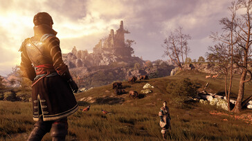 Image montrant un paysage et deux personnages dans GreedFall.