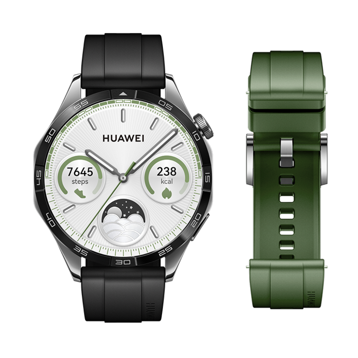La Huawei Watch GT 4 Spring Edition Bracelet en Fluoroélastomère noir 46mm + Bracelet en Fluoroélastomère vert épicéa 2-en-1. (Source de l'image : Huawei)
