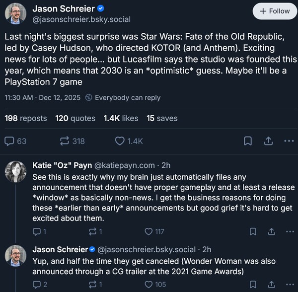 Jason Schreier Prédiction de la date de sortie de Star Wars : Fate of the Old Republic (Source de l'image : capture d'écran, compte Bluesky de Jason Schreier)