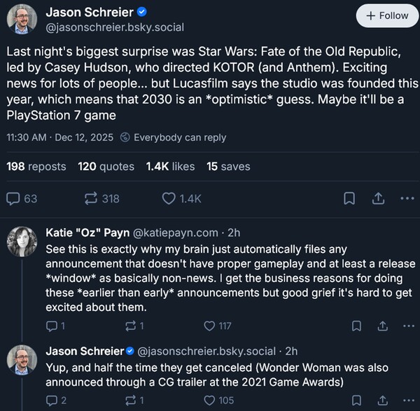 Jason Schreier Prédiction de la date de sortie de Star Wars : Fate of the Old Republic (Source de l'image : capture d'écran, compte Bluesky de Jason Schreier)