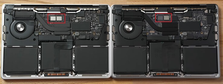 M1 MBP avec deux puces NAND (L) et M2 MBP avec une seule (R) - modèles de 256 Go. (Image source : Max Tech - édité)