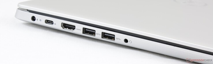 Côté gauche : entrée secteur, USB C 3.1 Gen. 1 avec DP/charge, HDMI 1.4a, 2 USB A 3.1 Gen. 1, combo audio 3,5 mm.