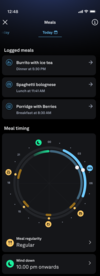 Capture d'écran de la fonction Repas de l'application Oura. (Source de l'image : Oura)