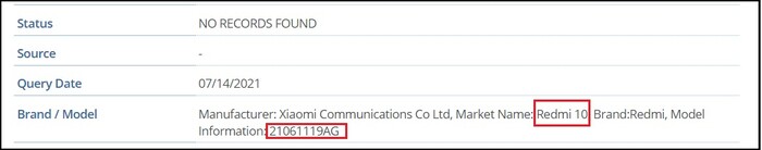 Redmi 10 et numéro de modèle. (Image source : via @kacskrz)