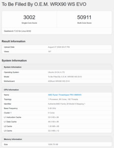 Score Geekbench 7 du Threadripper Pro 9995WX