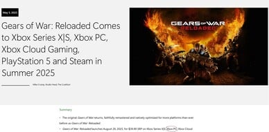 Annonce du Xbox Wire Gears of War : Reloaded (Source : Xbox Wire)