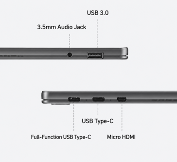 Les ports de la tablette Acer A543 comprennent notamment un port USB-C, un port USB-A et un port Micro HDMI