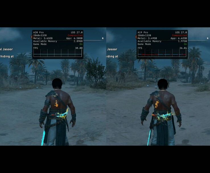 Assassin’s Creed Mirage tournant sur l’iPhone 18 Pro Max et l’iPhone 17 Pro Max, montrant la différence de FPS.