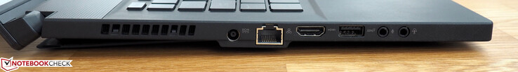 Côté gauche : grille de ventilation, entrée secteur, RJ45 LAN, HDMI 2.0, USB A 3.1 Gen. 2, jack micro, jack écouteurs.
