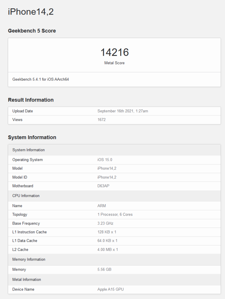 A15 Bionic sur le benchmark Metal de Geekbench (image via Geekbench)