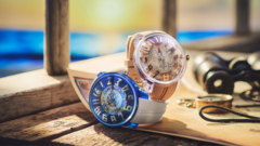 Deux montres Tendence One Piece en édition limitée, Log Pose et East Blue, présentées au-dessus d’une carte marine avec le logo de la collaboration Batch N°2.