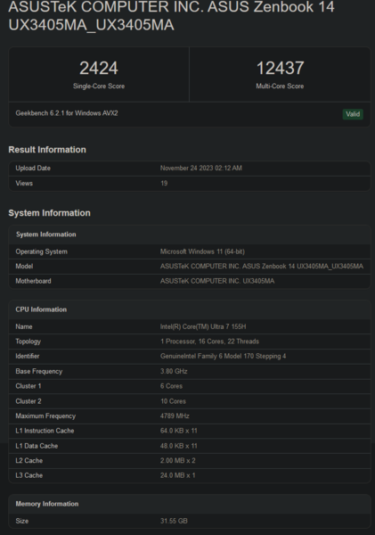 Intel Core Ultra 7 155H score Geekbench (image via Geekbench)
