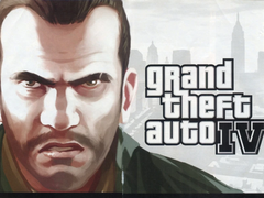 Un gros plan de Niko Belić et du logo de GTA IV (source : Rockstar Games)
