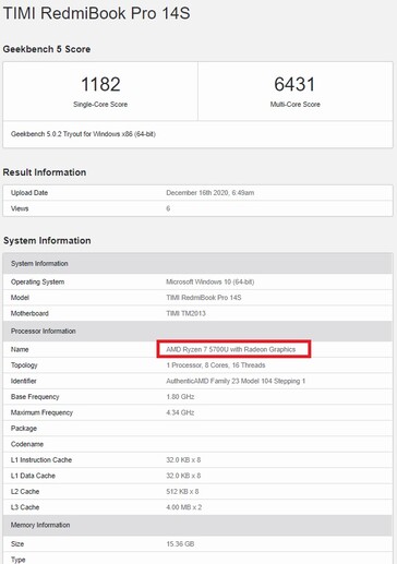 Résultats du RedmiBook. (Source de l'image : Geekbench)