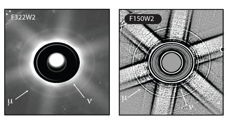 Une image montrant les anneaux μ et ν d'Uranus.