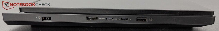 À gauche : alimentation, HDMI, USB-C avec TB 4 (DP), USB-C (10 Gbps, PD 65-100W, DP), USB-A (10 Gbps, toujours activé)